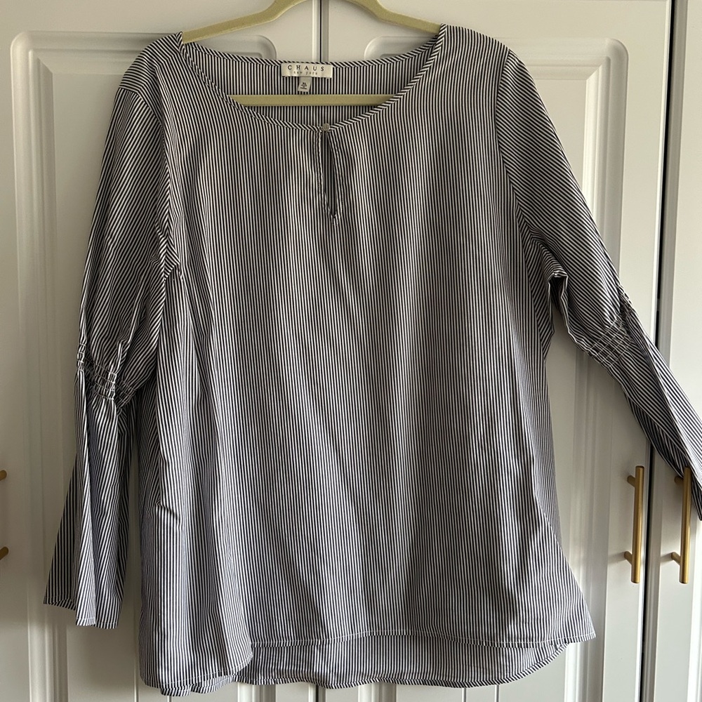 Chaus Navy and White Striped Blouse With Gathered Sleeve